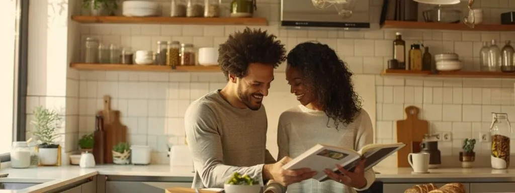 a couple discussing kitchen remodel ideas while looking at a design book.