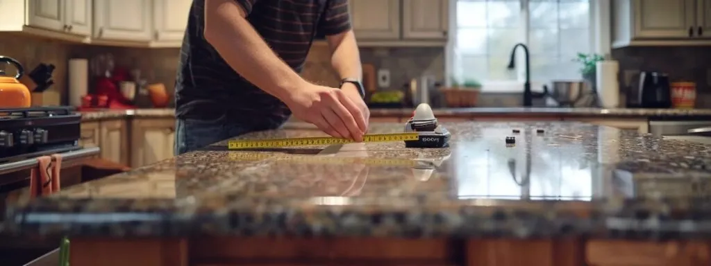 a person measuring a kitchen countertop with a tape measure