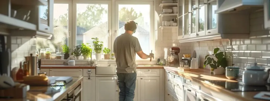 a person painting kitchen cabinets in a bright and newly renovated kitchen