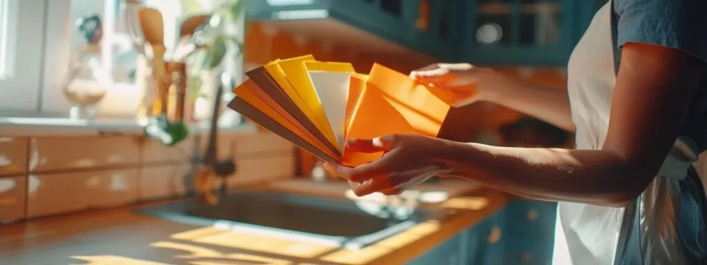 a person holding paint swatches while looking at kitchen cabinets.