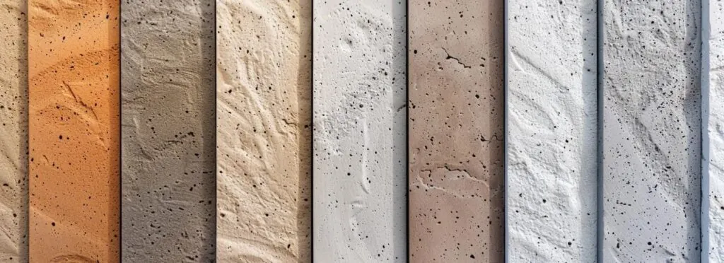 a variety of textured stucco finishes in different shades and patterns adorning a modern building exterior. Reach out to us at 505-263-6908