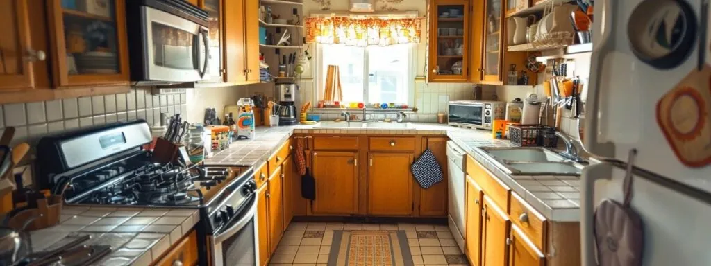 a kitchen with mismatched cabinet colors, outdated appliances, and cluttered countertops, illustrating common remodeling errors to avoid.