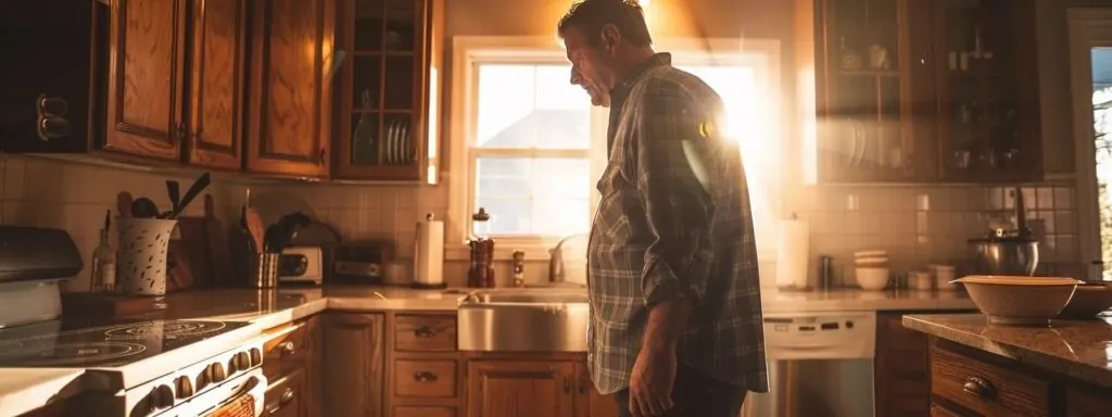 a frustrated homeowner staring at a crooked cabinet door during a kitchen remodel.