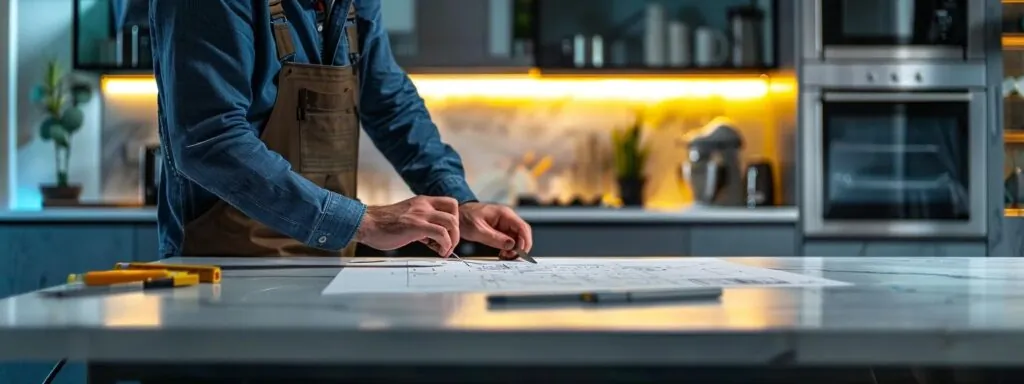 a person measuring and planning a modern kitchen's triangle layout with sleek countertops and stainless steel appliances.