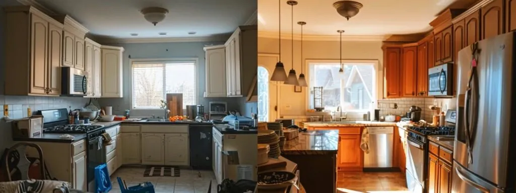 a kitchen with mismatched cabinets, outdated appliances, and cluttered countertops, illustrating common renovation mistakes to avoid.