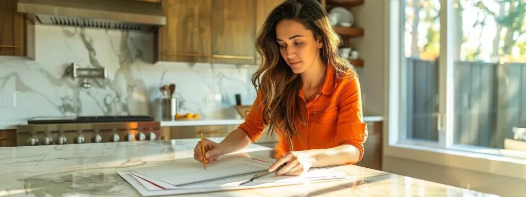 a woman confidently measuring and budgeting a sleek, modern kitchen layout with a sleek, white marble countertop.