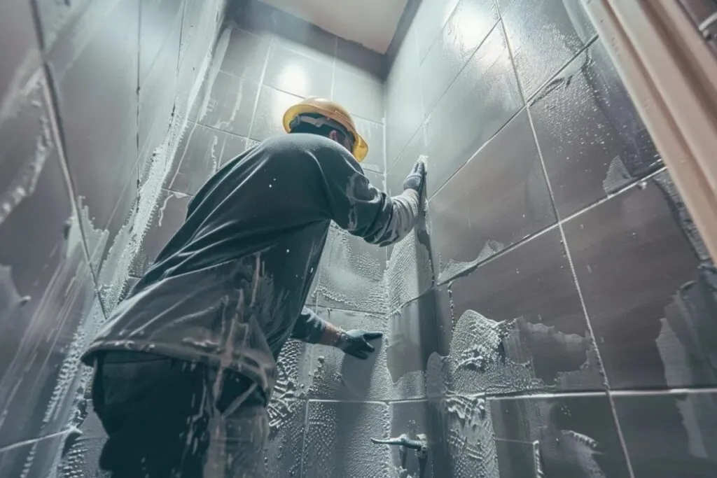 bathroom remodeling contractor finishing the shower wall with grout in a newly renovated bathroom