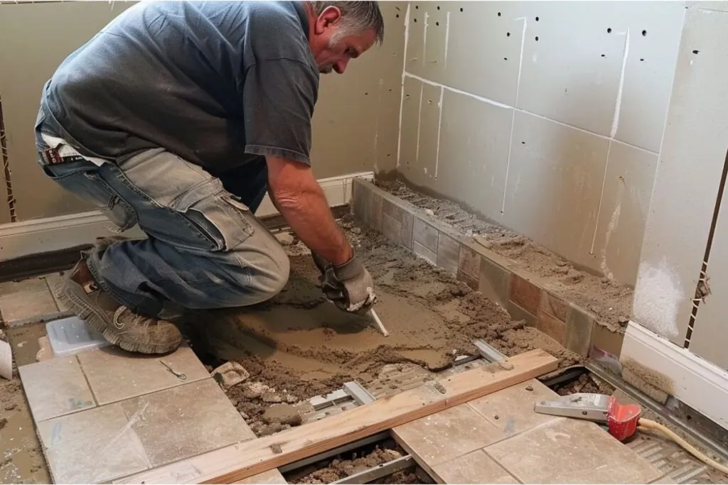 bathroom remodelers changing a tile after checking for leaks