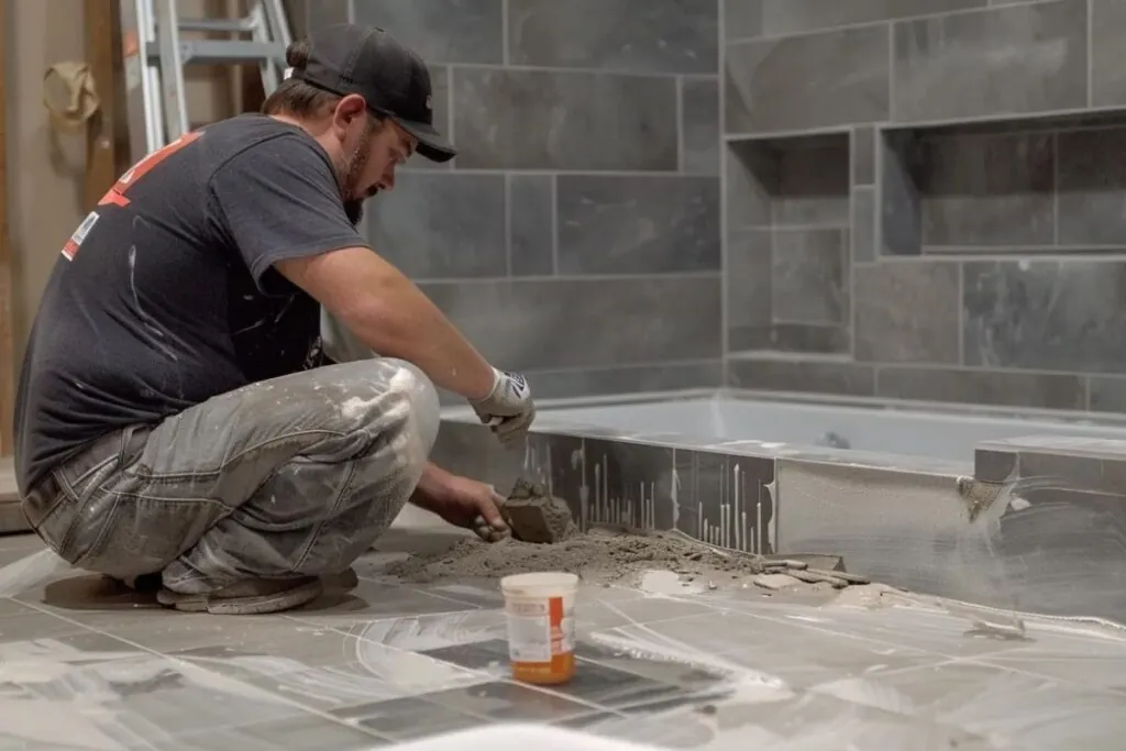 bathroom remodeling contractor laying down tile of a renovated bathroom