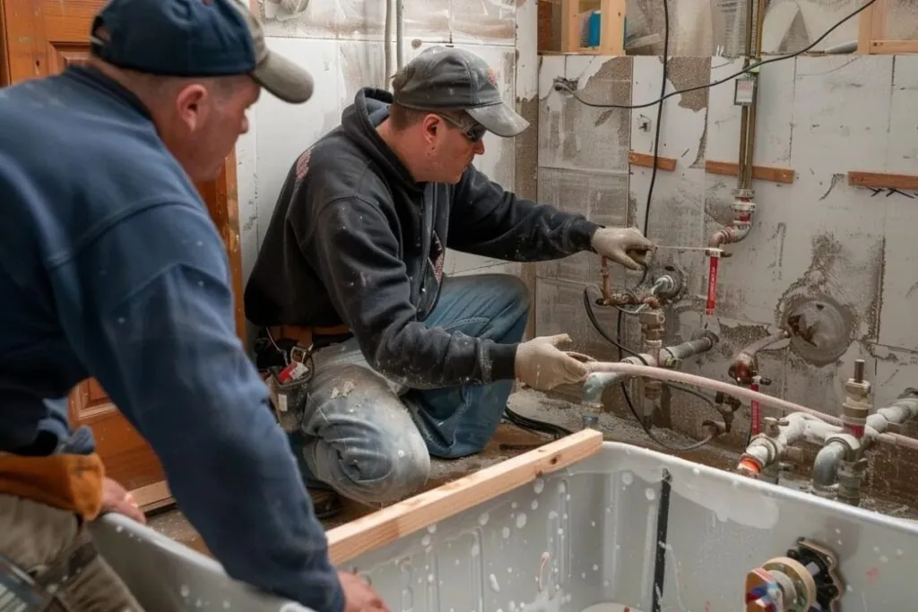 bathroom remodelers working on the plumbing and water supply system of the bathroom