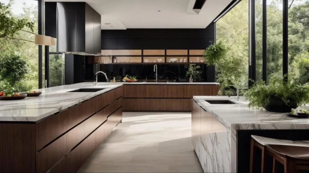 a modern kitchen showcasing sleek, high-contrast cabinetry, polished marble countertops, and vibrant greenery, illuminated by warm, natural light streaming through large windows, embodying the latest in home improvement trends.