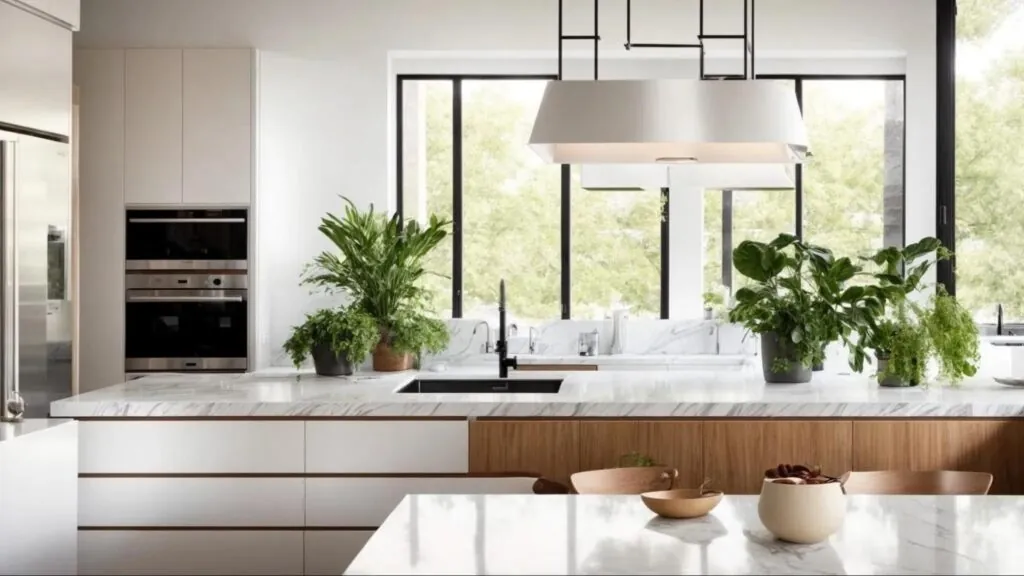 a modern, sunlit kitchen showcases sleek white cabinetry, vibrant green plants, and a striking marbled countertop, embodying the latest remodeling trends for an inspiring home improvement