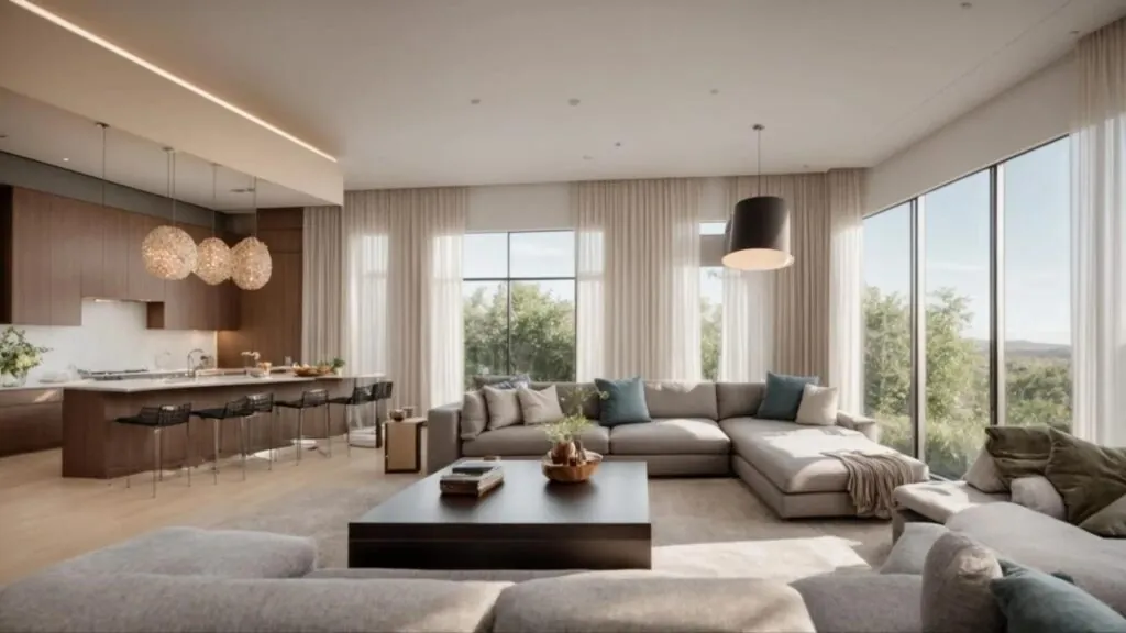 contemporary living room showcases elegant custom remodeling with stylish furnishings, abundant natural light streaming through large windows, and a harmonious color palette that enhances the inviting atmosphere