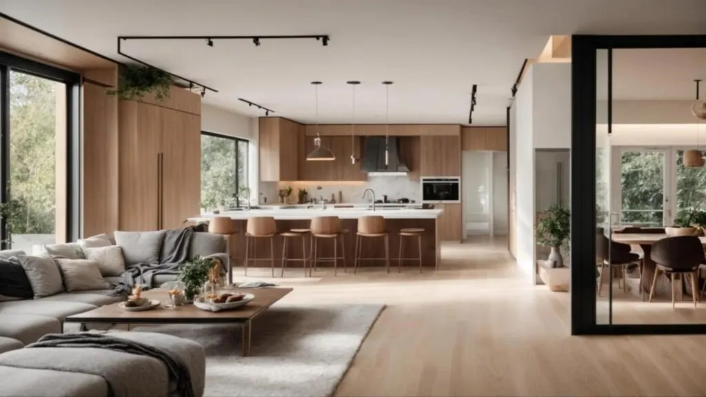 enovated open-concept living space, showcasing sleek modern design elements intertwined with warm inviting tones, bathed in soft natural light streaming through expansive windows